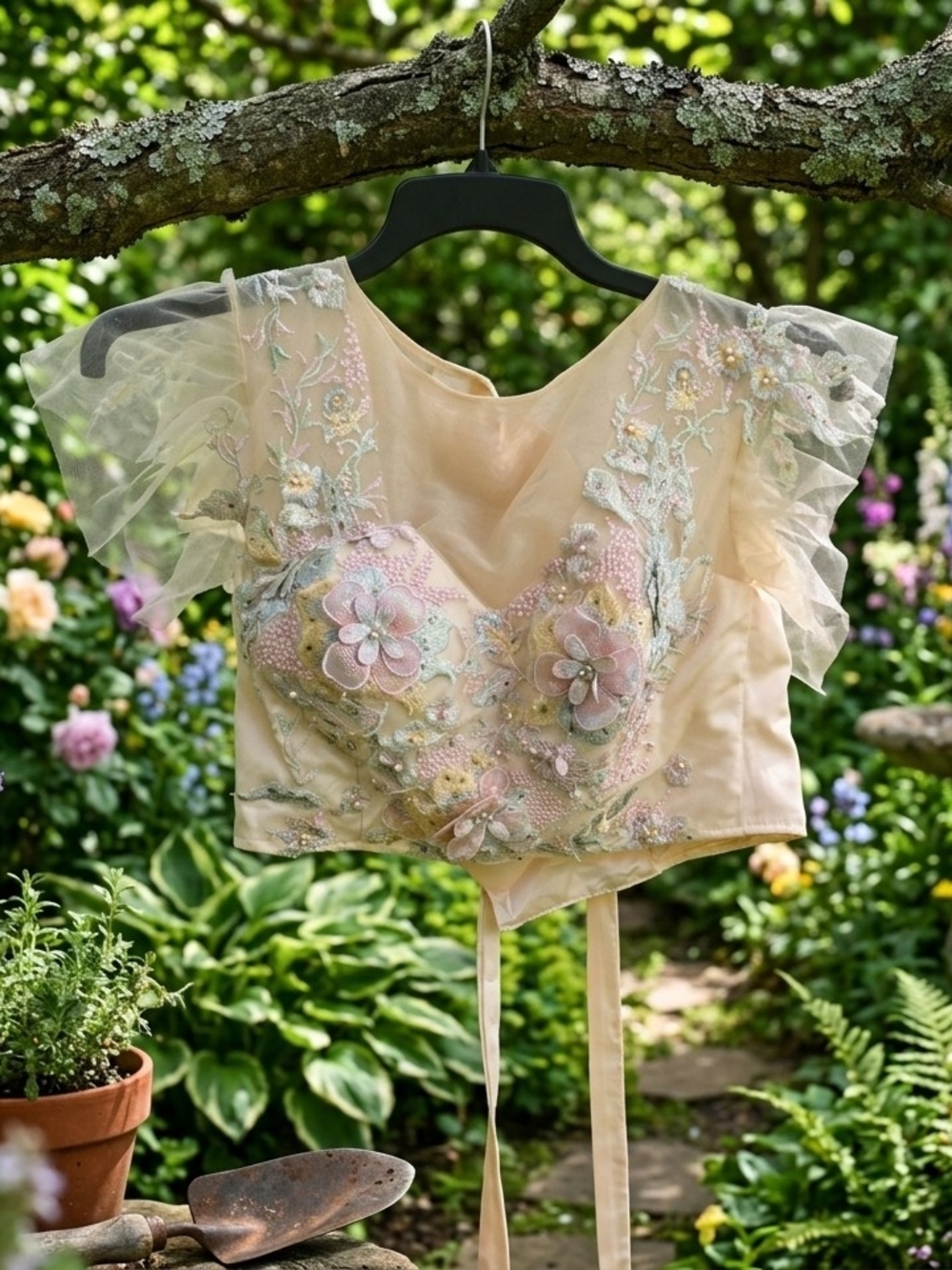 Fairycore 3D Flower Applique Top | Pastel Beaded Bridal Bustier Blouse | Sheer